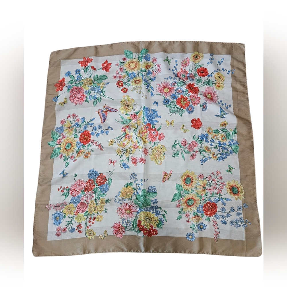 Vintage Floral Scarf with Tan Border Made In Italy